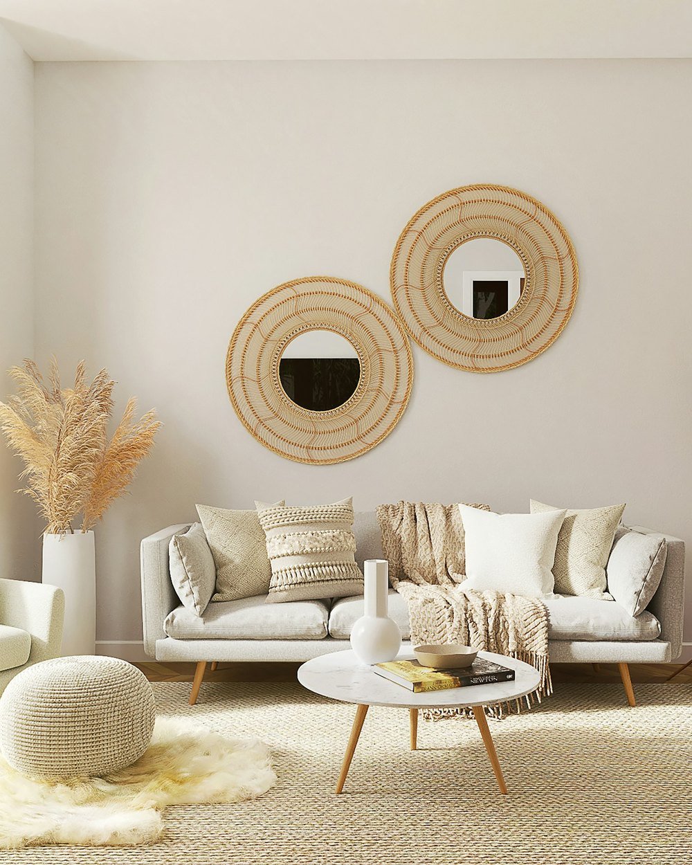 Cream bouclé seating on a timber floor