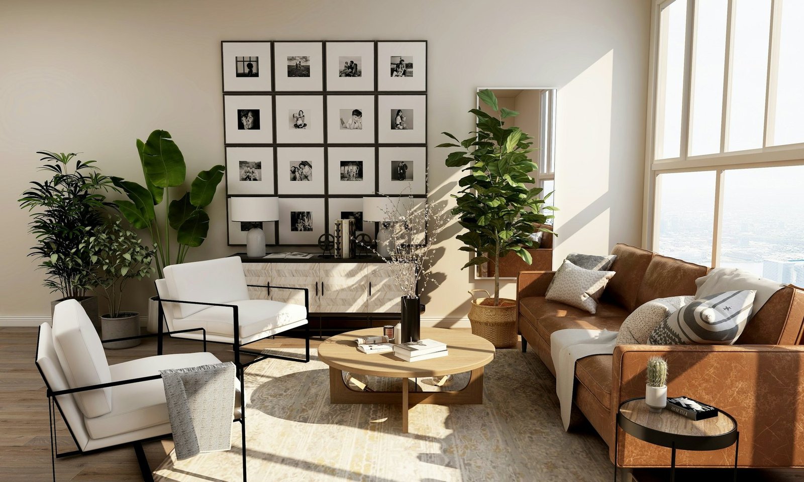 A sunlit sitting room with woven textures