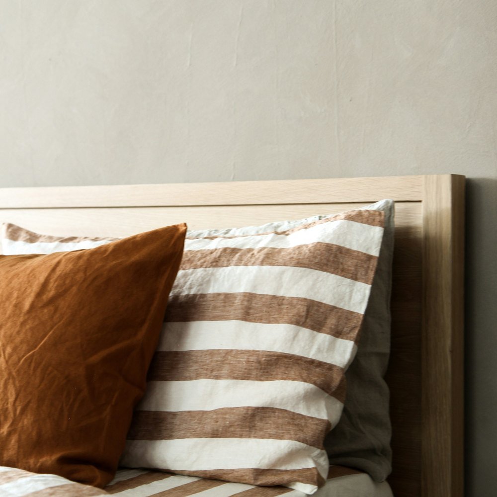 Striped linen on an oak frame